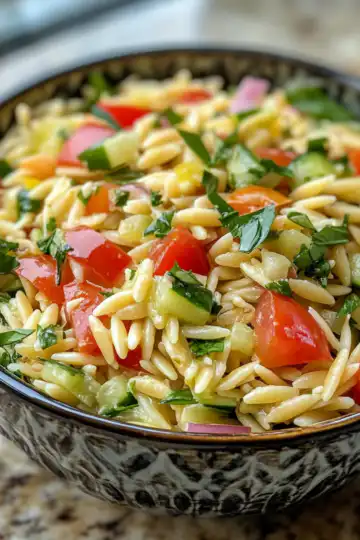 Spring Orzo Salad taken with iphone 15 pro max --iw 2 --ar 4:5 --v 6.1 --raw