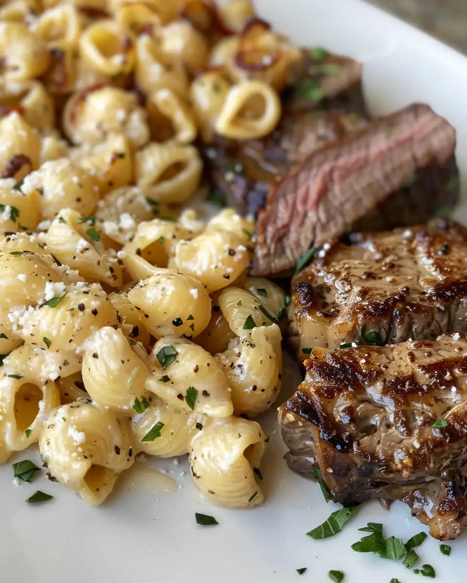 Ingredients for steak bites and pasta in garlic butter Alfredo sauce with peppers and green onions