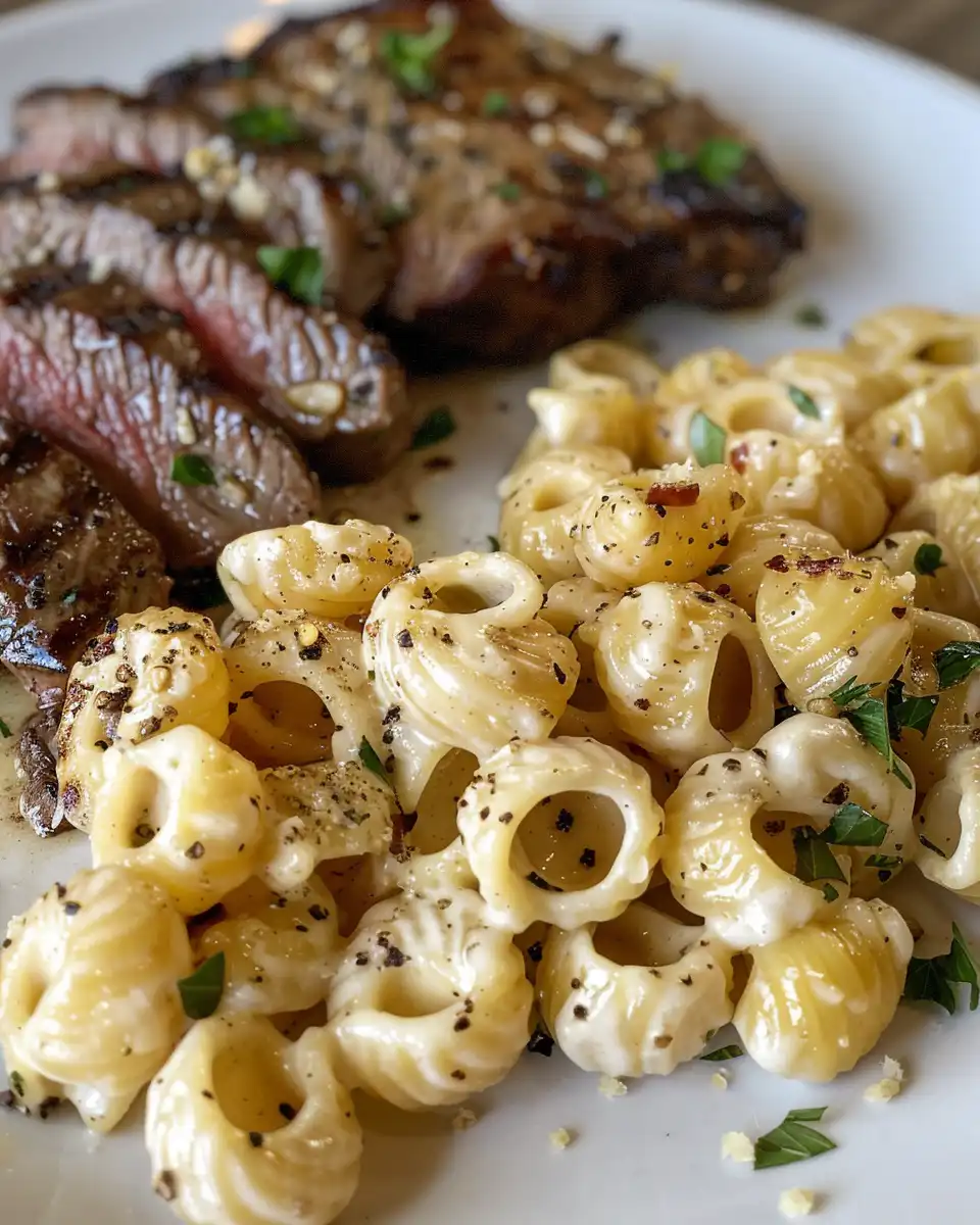 Final plated steak bites and shell pasta with garlic butter Alfredo sauce served with green onions