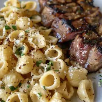 Steak Bites and Shell Pasta in Garlic Butter Alfredo Sauce taken with iphone 15 pro max --iw 2 --ar 4:5 --v 6.0 --raw