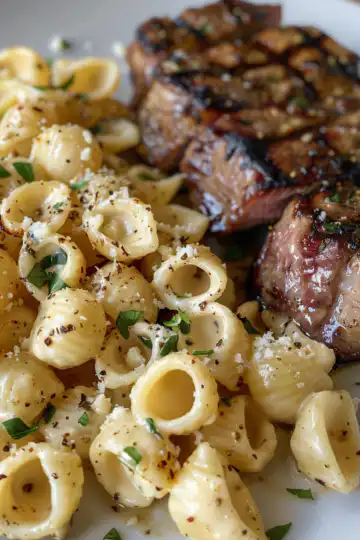 Steak Bites and Shell Pasta in Garlic Butter Alfredo Sauce taken with iphone 15 pro max --iw 2 --ar 4:5 --v 6.0 --raw