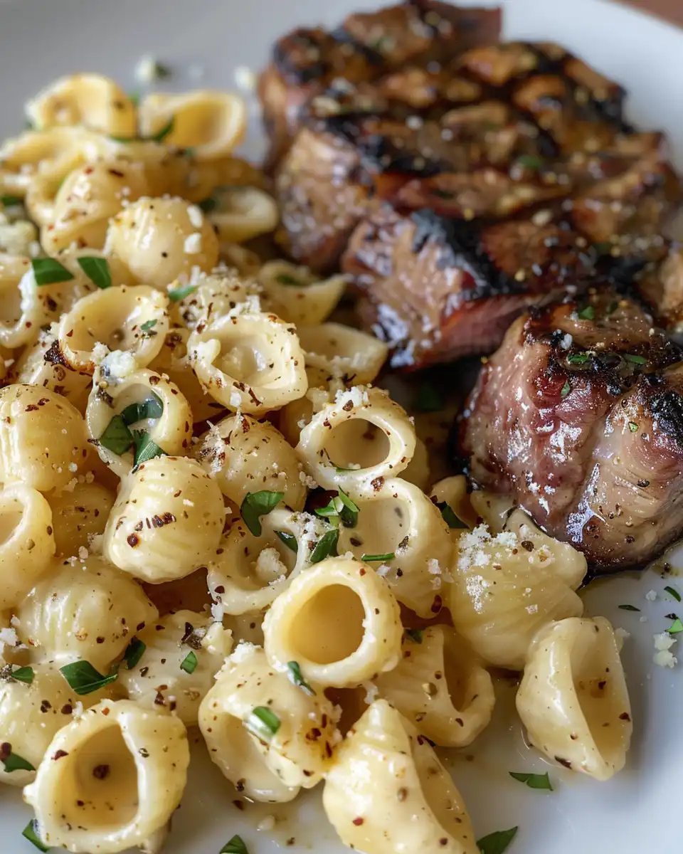 Close-up of steak bites and fettuccine in garlic butter Alfredo sauce