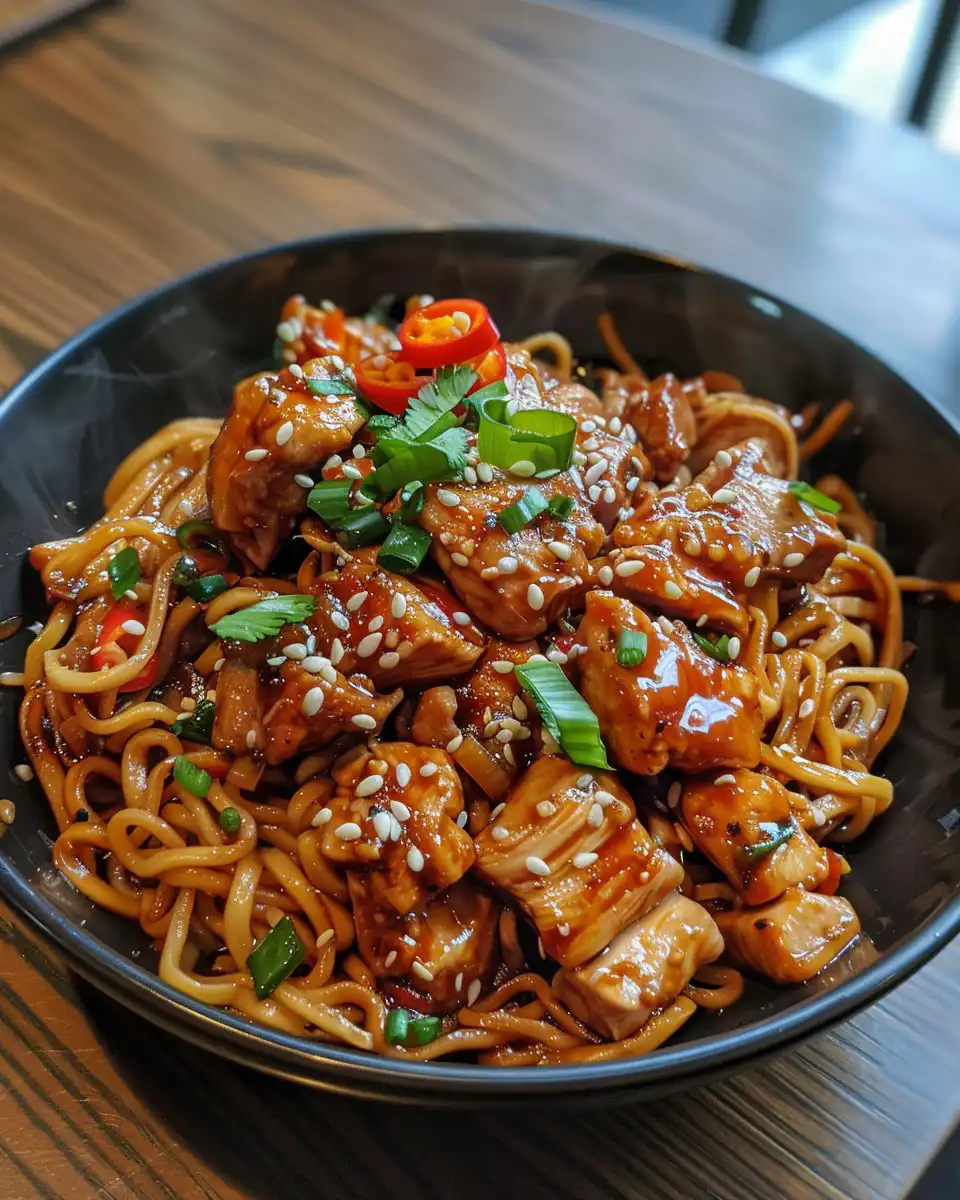 Final sticky garlic chicken noodles in bowl ready to serve