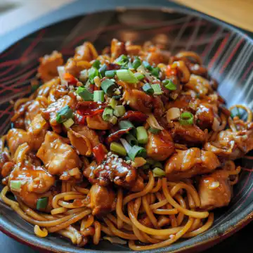 Sticky Garlic Chicken Noodles taken with iphone 15 pro max --iw 2 --ar 4:5 --v 6.0 --raw