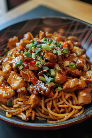 Sticky Garlic Chicken Noodles taken with iphone 15 pro max --iw 2 --ar 4:5 --v 6.0 --raw