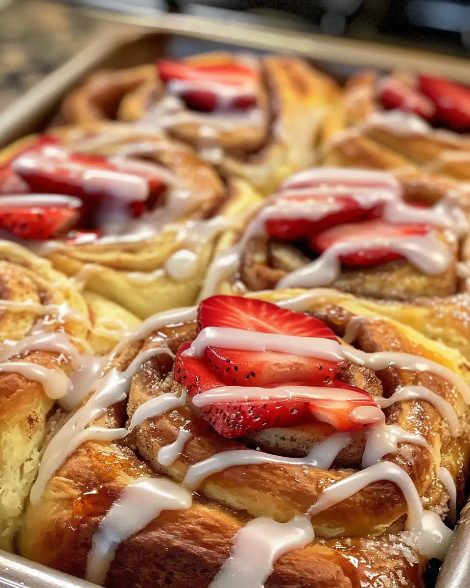 Ingredients including milk, flour, butter and strawberry compote for cinnamon rolls