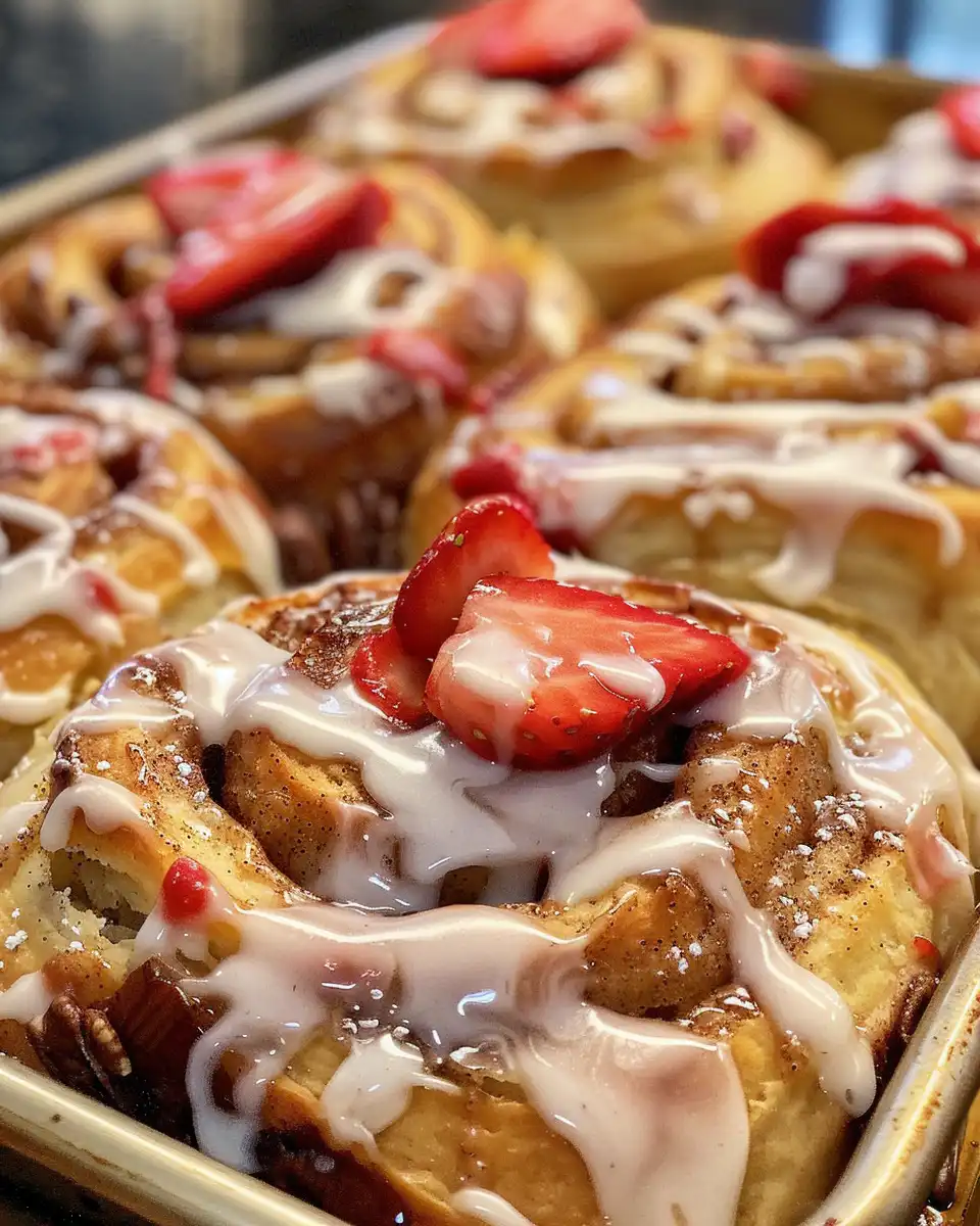 Close up of strawberry cinnamon rolls with cream cheese icing on top
