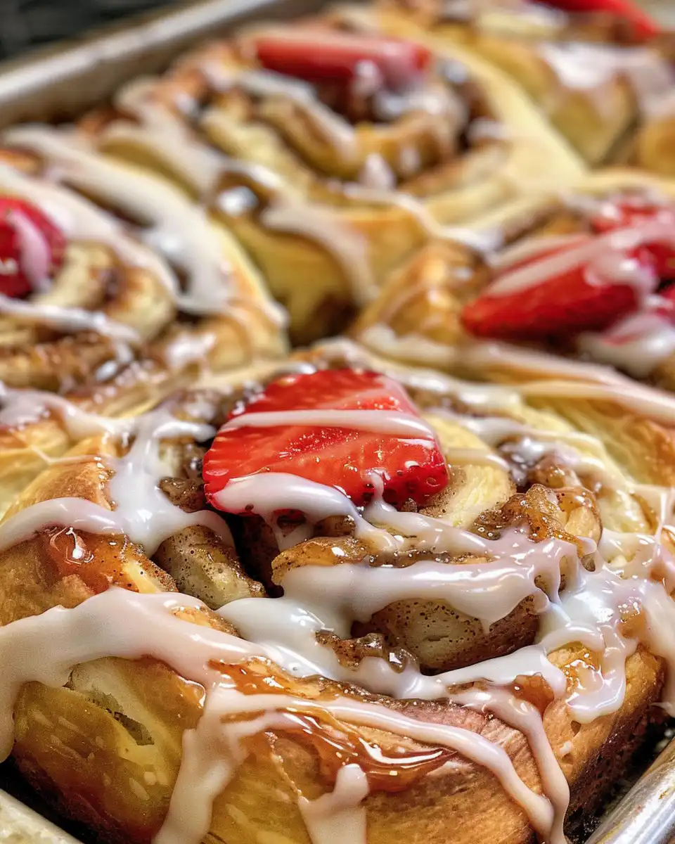 Fresh strawberry cinnamon rolls just out of pressure cooker with golden swirls
