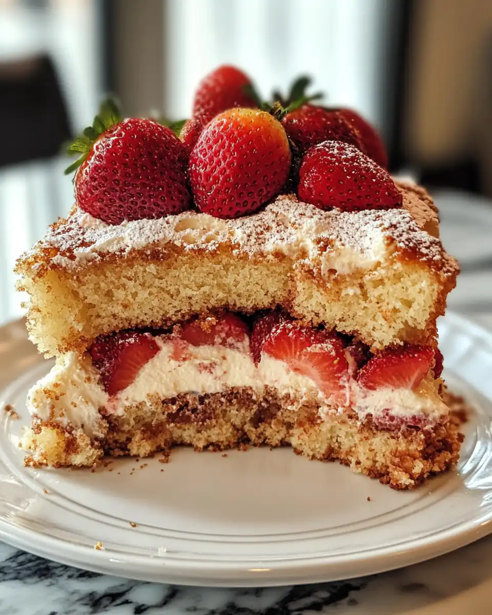 Close-up of strawberry coffee cake showing moist crumb