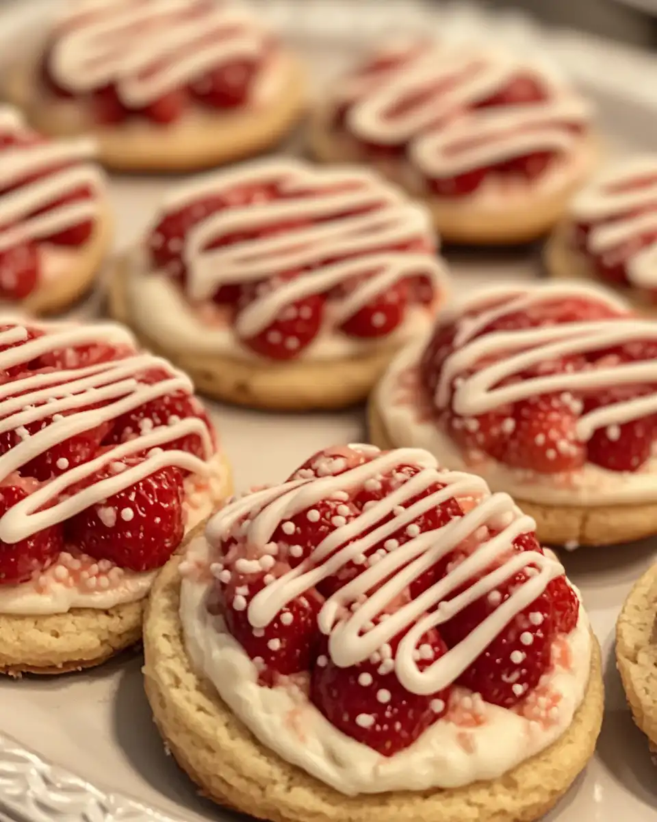 Plate of strawberry cream cheese cookies ready to serve with a slight pink tint