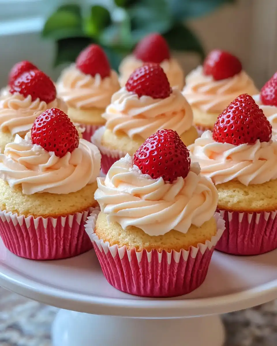 Plate of strawberry cupcakes with strawberry buttercream