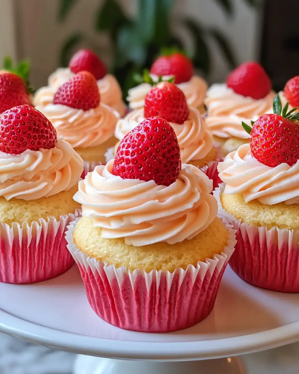 Finished strawberry cupcakes on a cooling rack