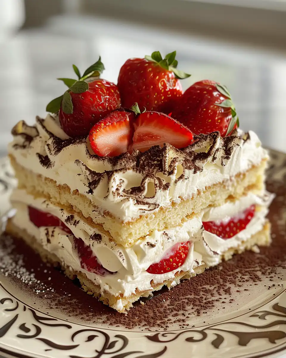 Fresh strawberry eclair cake with smooth frosting topping