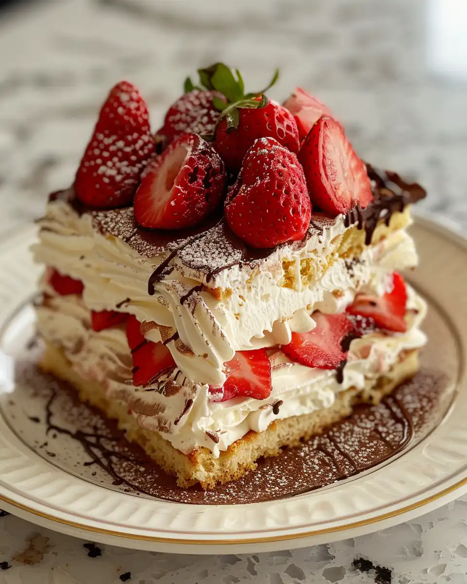 Strawberry eclair cake with creamy layers and graham crackers