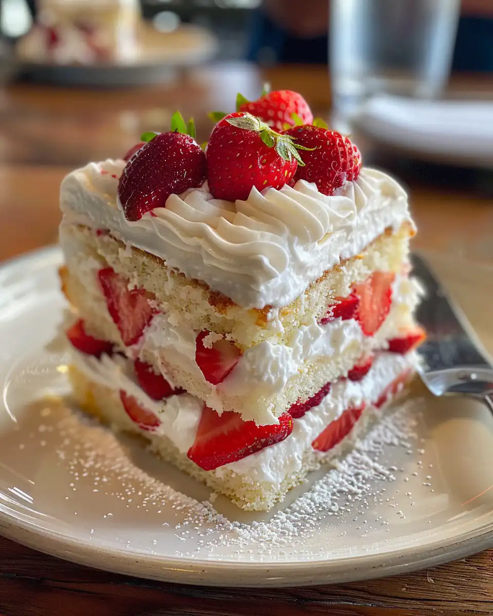 Finished strawberry shortcake slice topped with whipped cream and strawberries