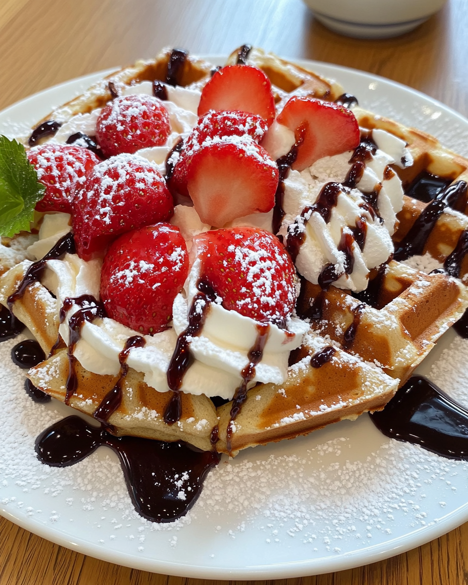 Close-up of fluffy strawberry waffles with syrup
