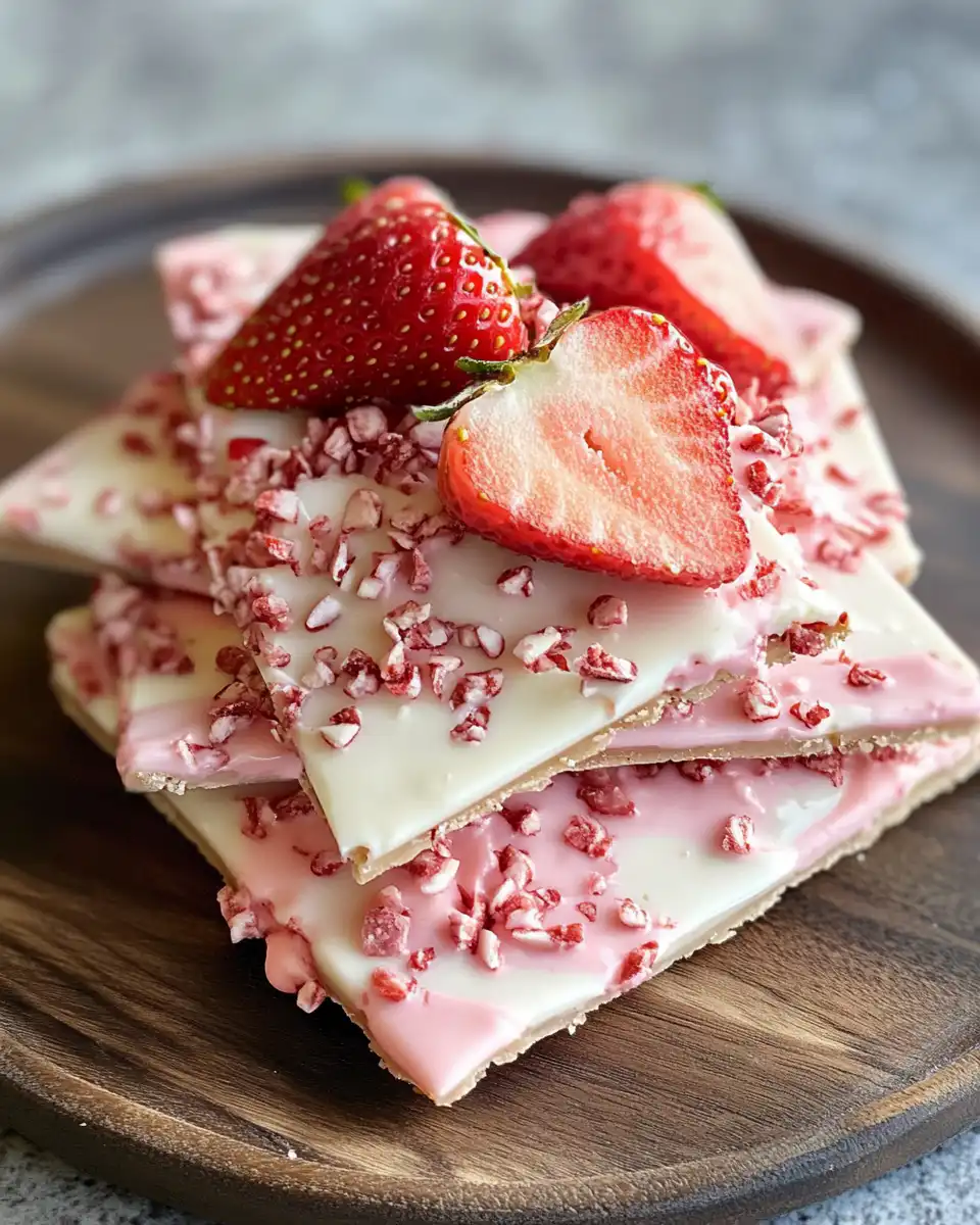 Strawberry yogurt bark with strawberries on top
