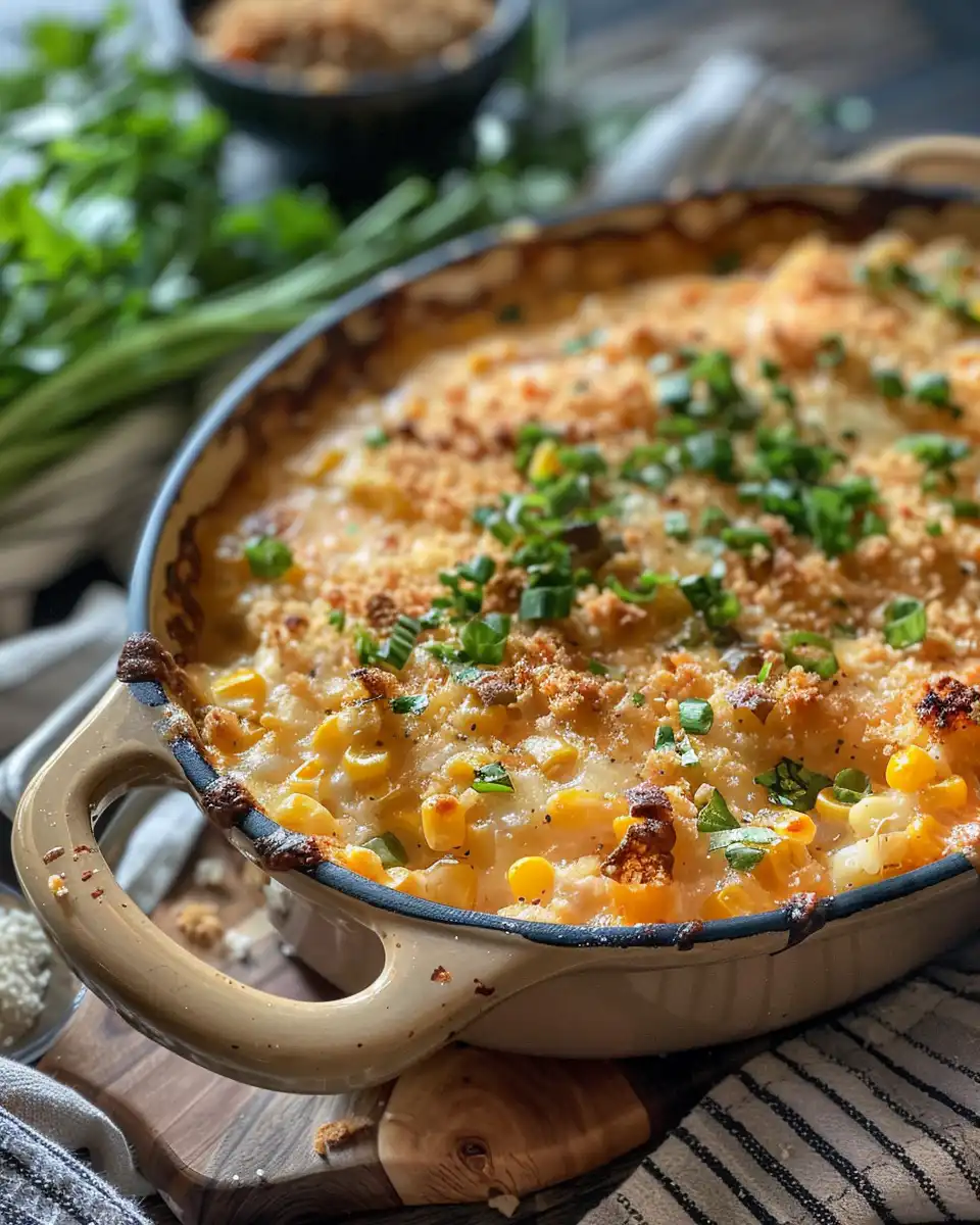 Street corn chicken casserole spread in baking dish before baking