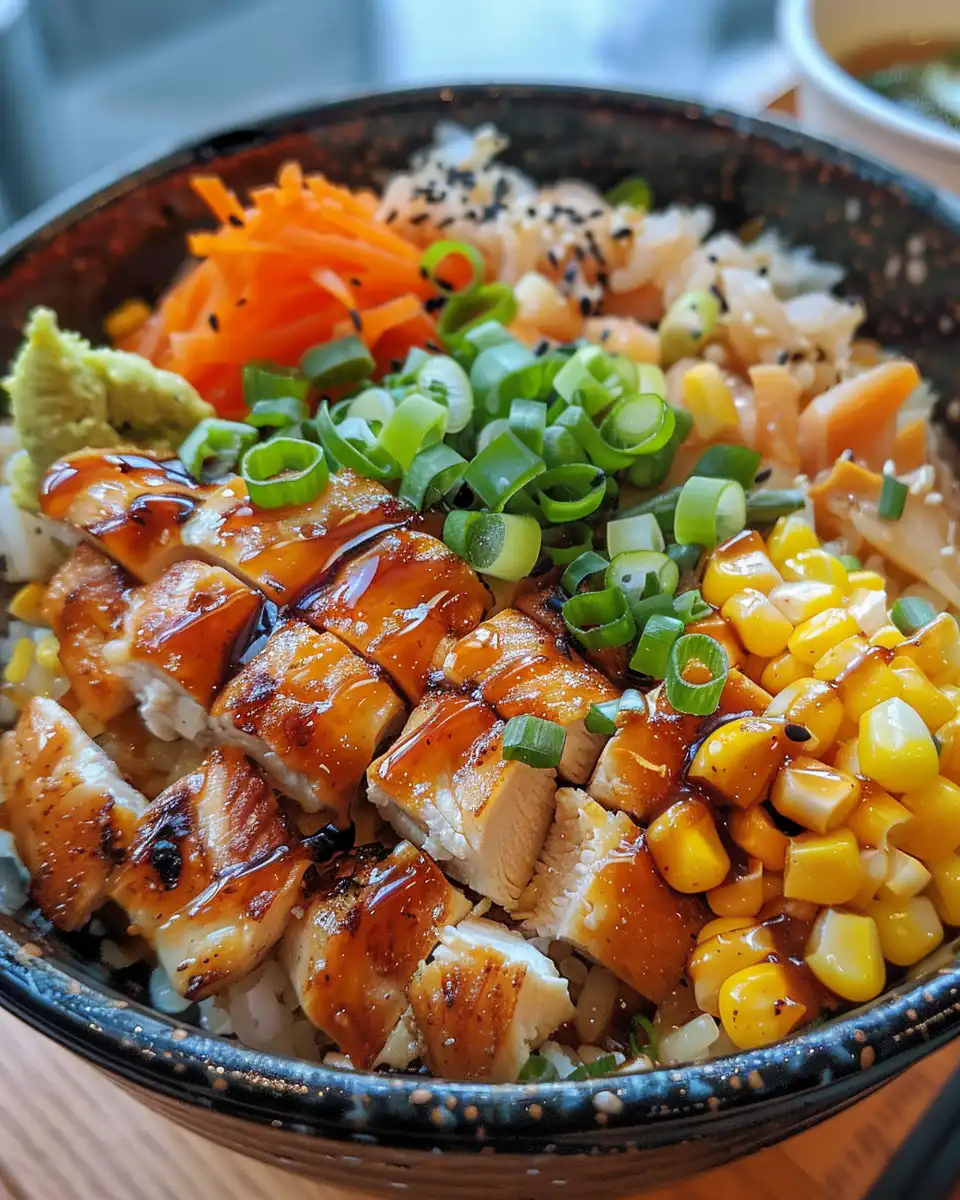 Close up of ingredients for street corn chicken rice bowl