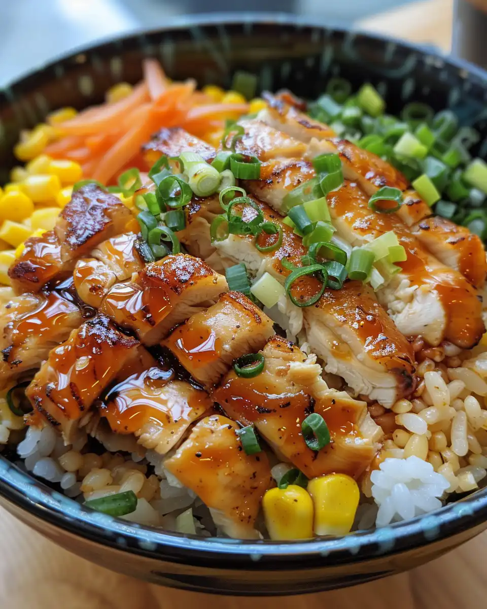 Finished Mexican street corn chicken rice bowl with avocado slices