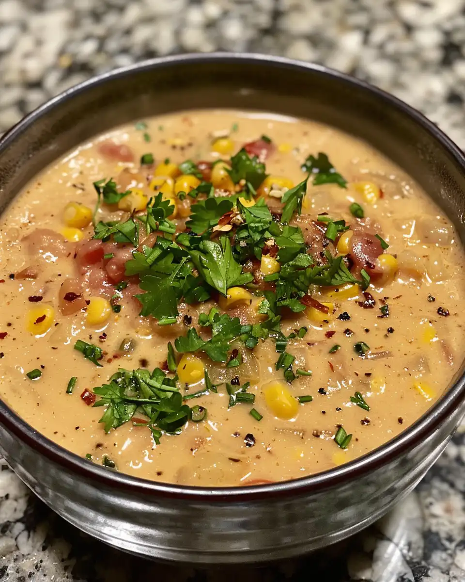 Close up of creamy sun-dried tomato corn chowder ready to serve