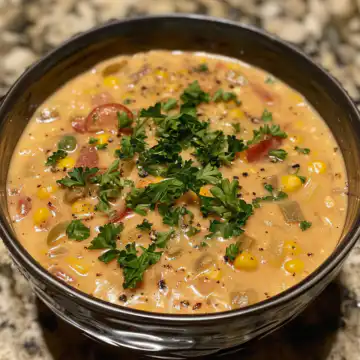 Sun-Dried Tomato Corn Chowder Creamy Summer Soup taken with iphone 15 pro max --iw 2 --ar 4:5 --v 6.0 --raw