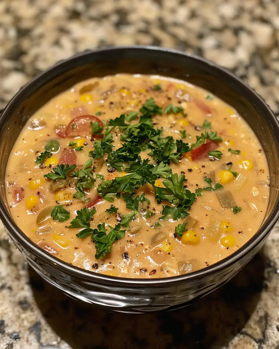 Sun-dried tomato and sweet corn chowder in a bowl steaming hot