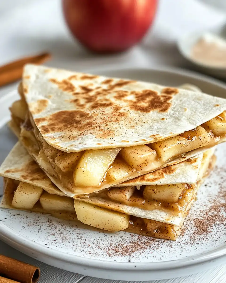 Sliced apple cinnamon breakfast quesadilla served with honey yogurt dip
