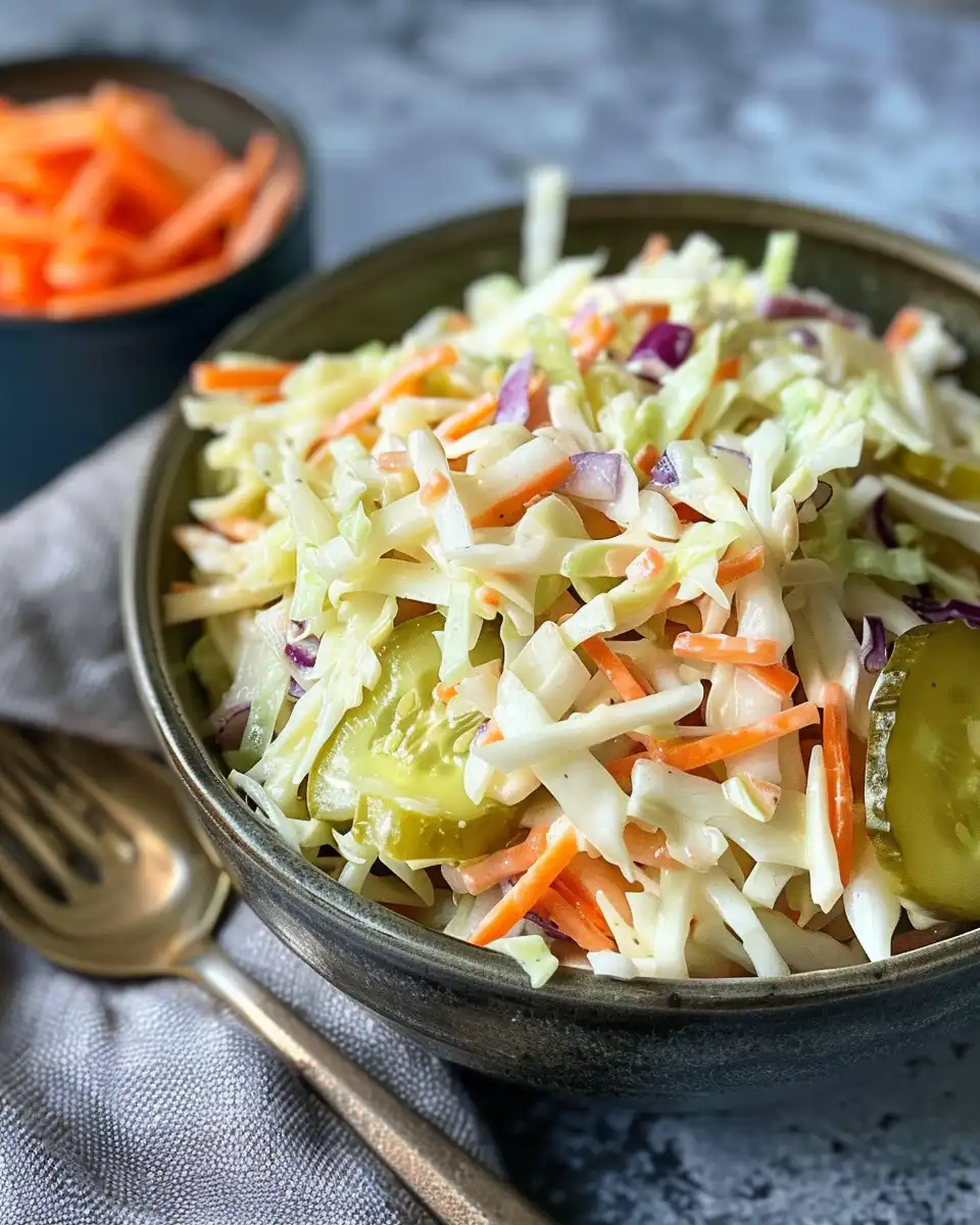 Ingredients for sweet spicy pickle slaw with cabbage carrots peppers and pickles