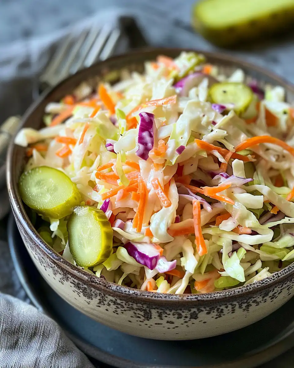 Serving platter of sweet spicy pickle slaw crunchy texture and vibrant colors