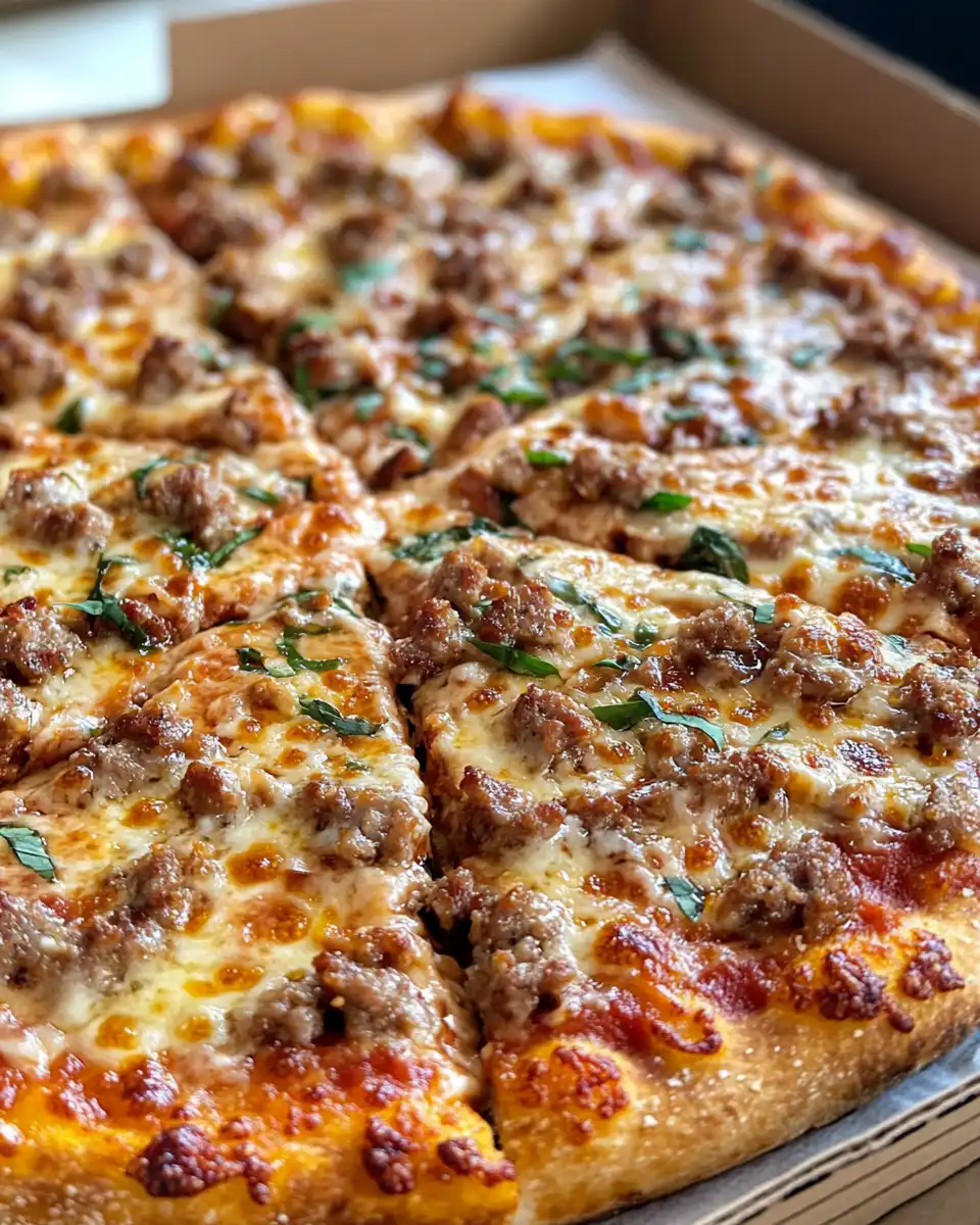 Finished Sausage Ricotta Honey Hot Pizza served warm with honey drizzled on top