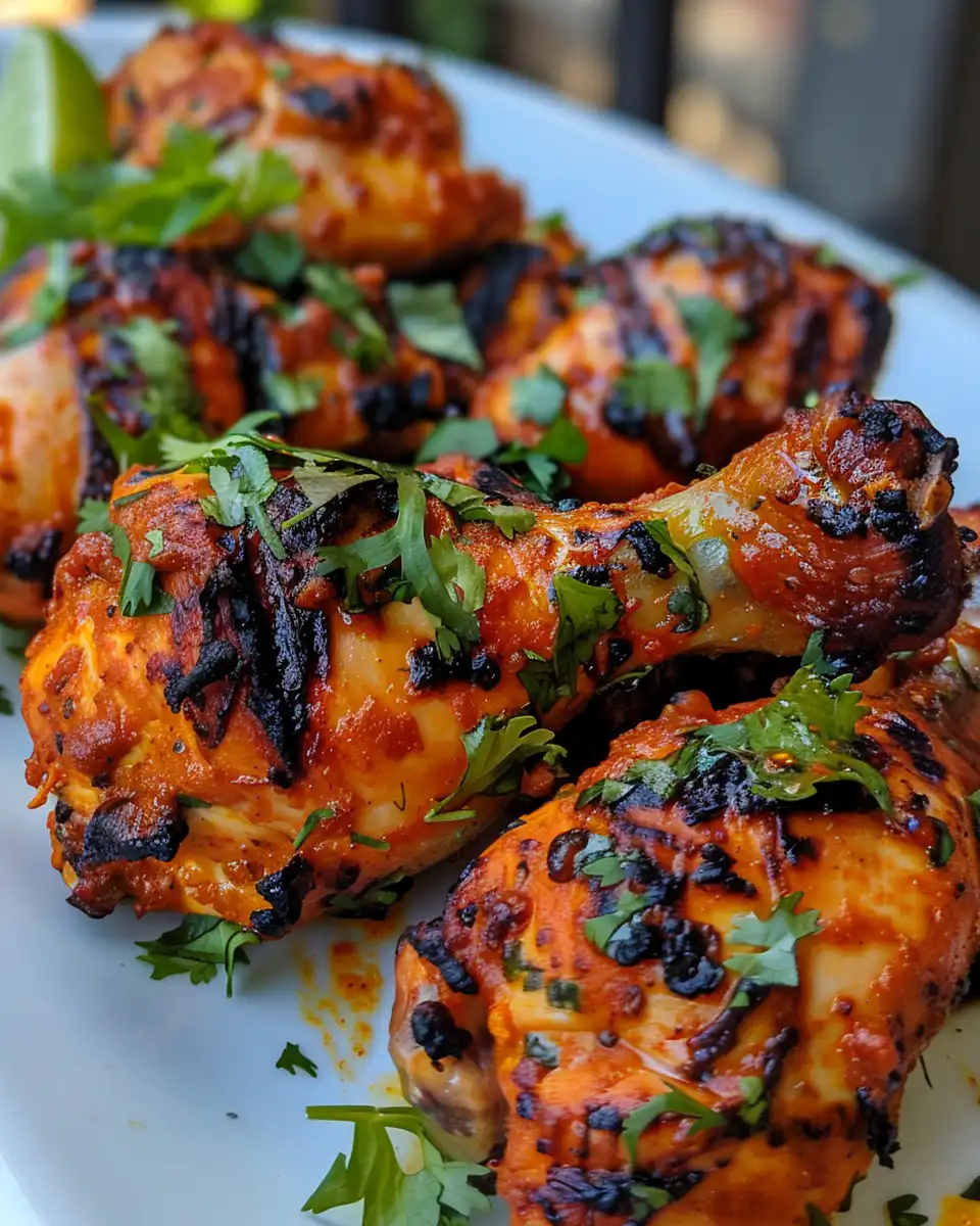 Serving plate with finished tandoori chicken and lime wedges