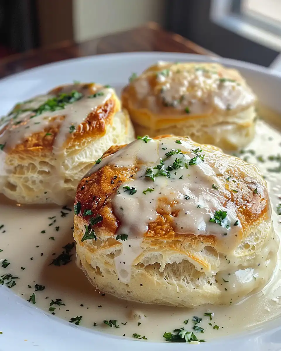 Serving freshly made sausage gravy over golden buttermilk biscuits