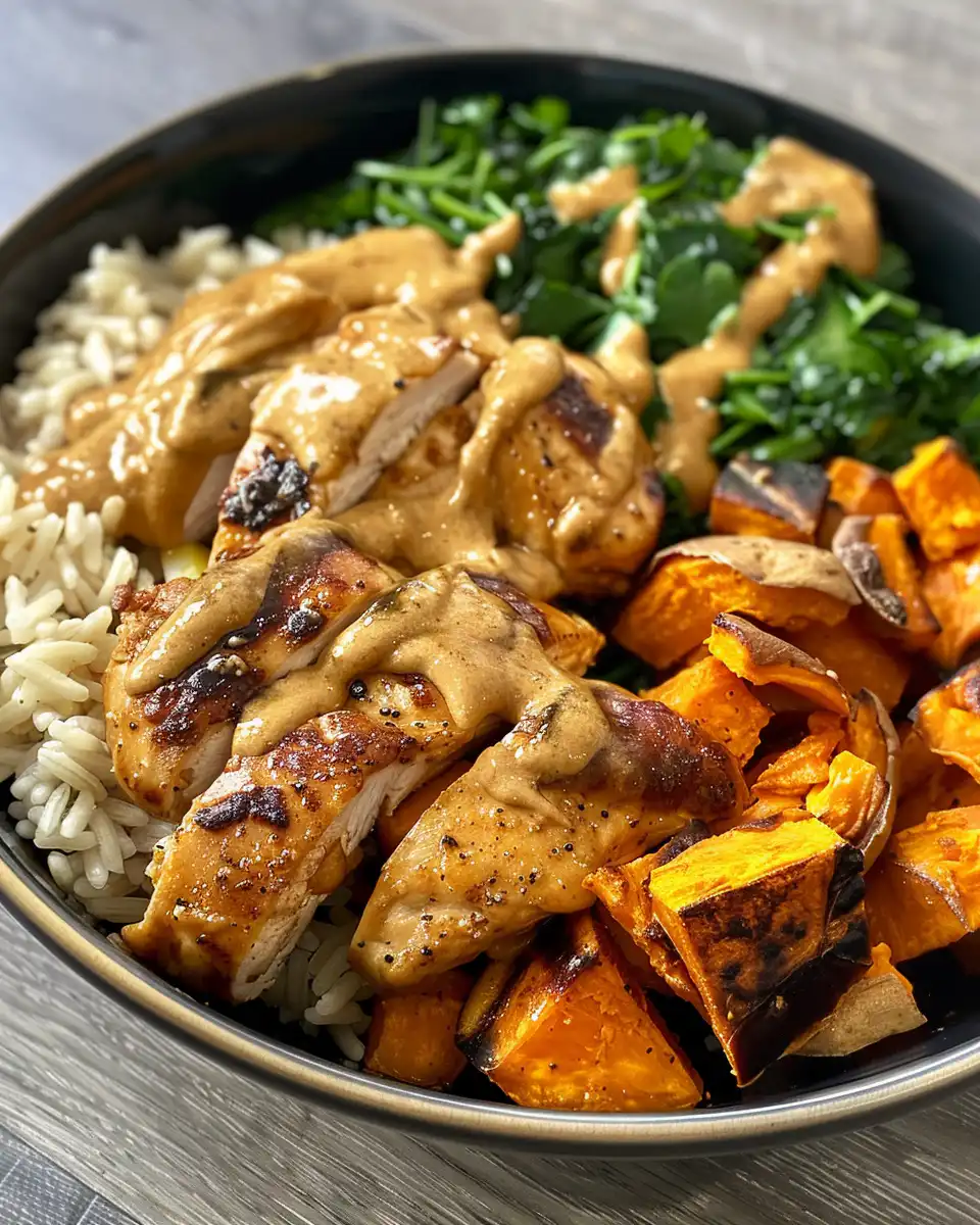 Finished maple dijon chicken sweet potato salad served in bowl