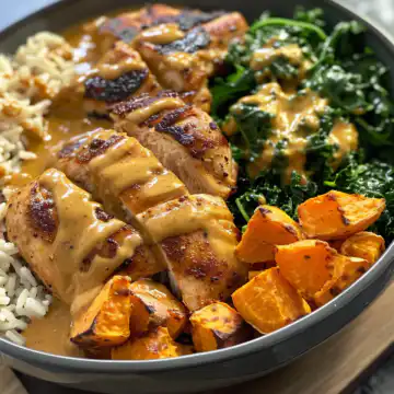 Tasty Maple Dijon Chicken & Sweet Potato Bowls taken with iphone 15 pro max --iw 2 --ar 4:5 --v 6.0 --raw