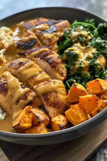 Tasty Maple Dijon Chicken & Sweet Potato Bowls taken with iphone 15 pro max --iw 2 --ar 4:5 --v 6.0 --raw