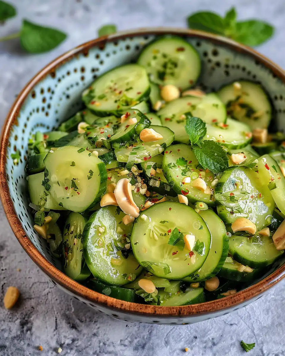 Finished Thai cucumber salad served with fresh herbs and lime