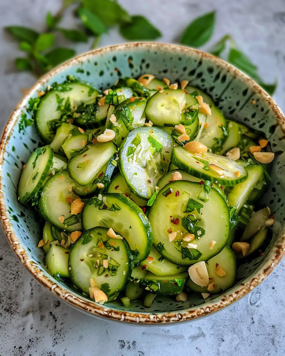 Fresh Thai cucumber salad with red Thai chile peppers and rice vinegar dressing