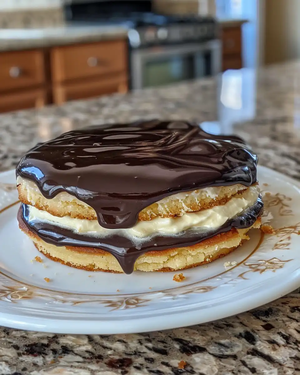 Finished Boston Cream Pie Cookies topped with chocolate glaze and cream filling