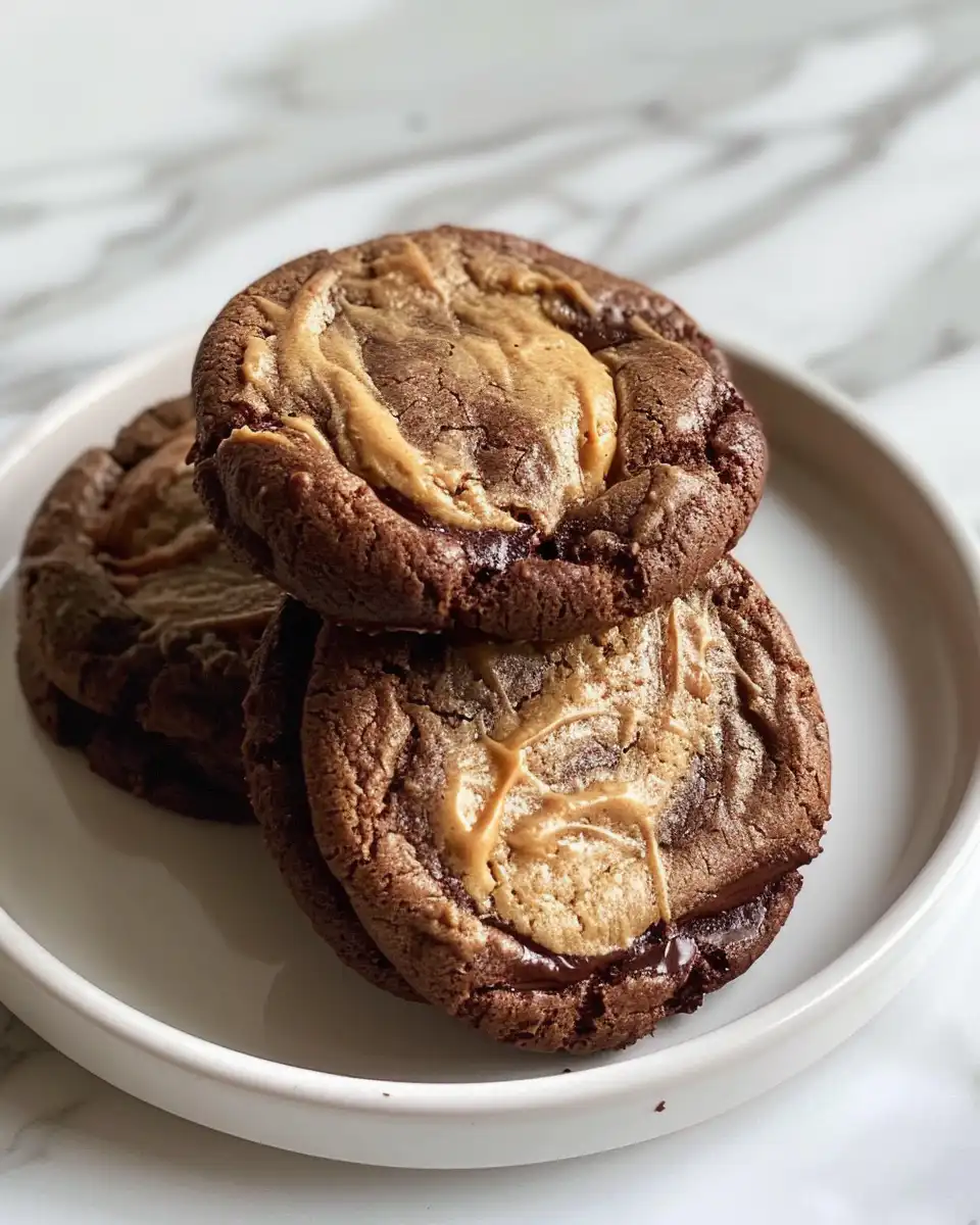 Close up of frosted peanut butter brownie swirl cookies