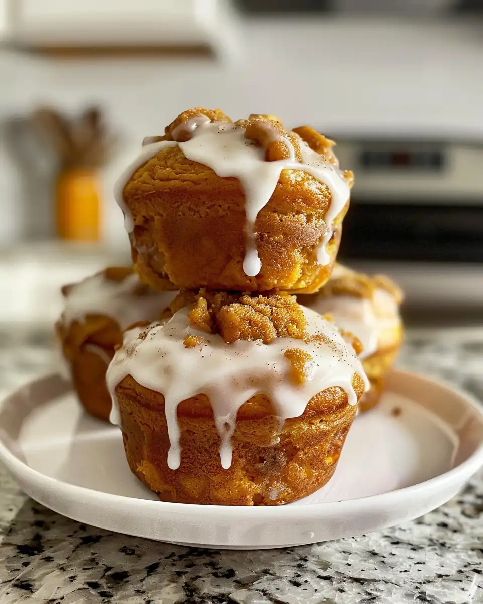 Warm pumpkin cinnamon roll muffins with cream cheese drizzle ready to eat