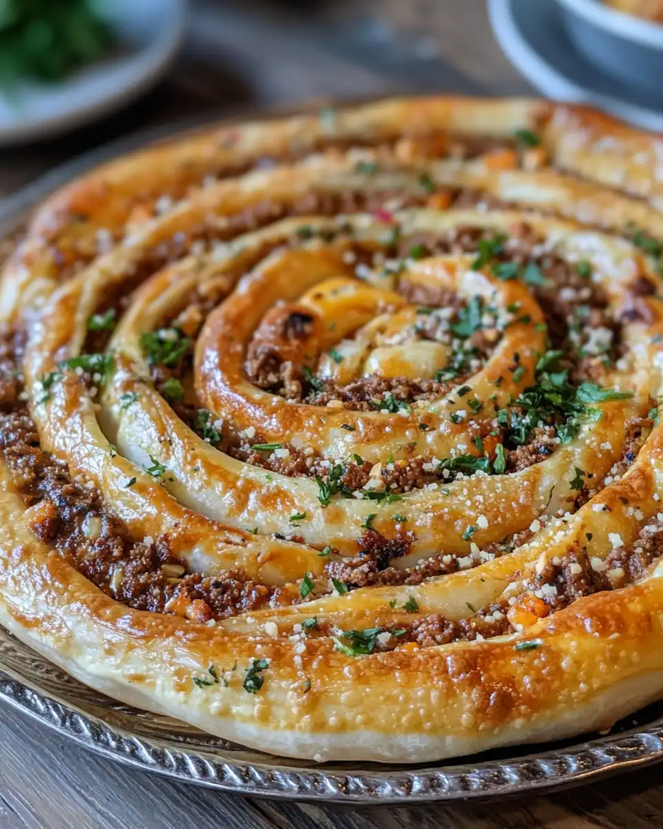 Golden crispy Turkish Borek spirals fresh out of the oven