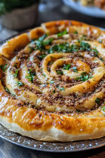 The Best Turkish Spiral Borek with Spiced Ground Beef Ever taken with iphone 15 pro max --iw 2 --ar 4:5 --v 6.1 --raw