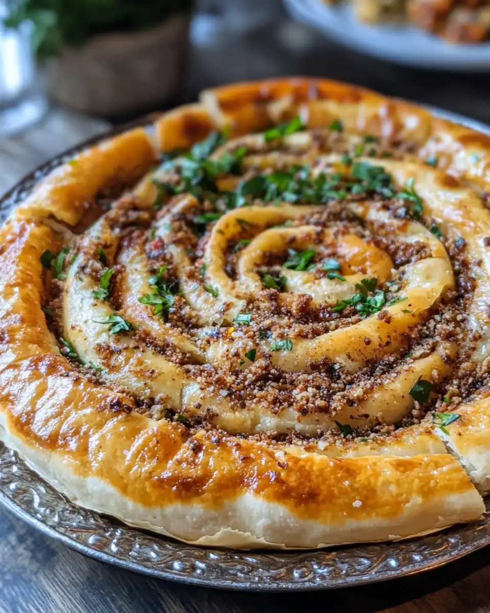 Steam rising from freshly cooked Turkish spiral Borek in a pressure cooker