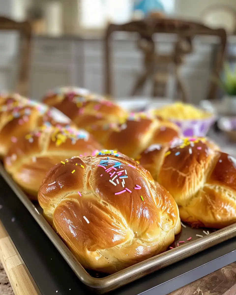 Shaped and braided traditional Italian Easter bread on baking tray