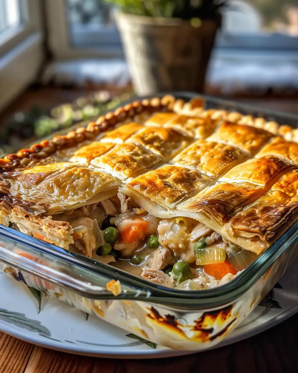 Golden brown baked turkey pot pie fresh out of oven