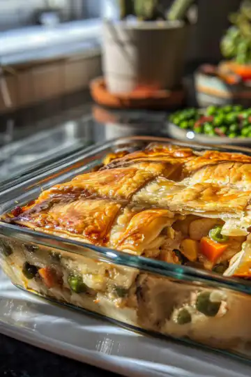 Turkey pot pie casserole taken with iphone 15 pro max --iw 2 --ar 4:5 --v 6.0 --raw