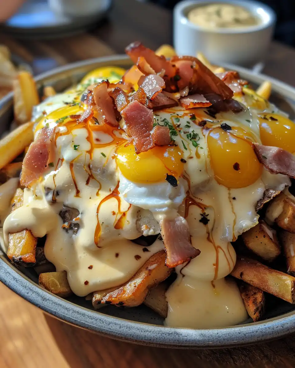 Ingredients for breakfast poutine including potatoes, ham, peppers, and mushrooms