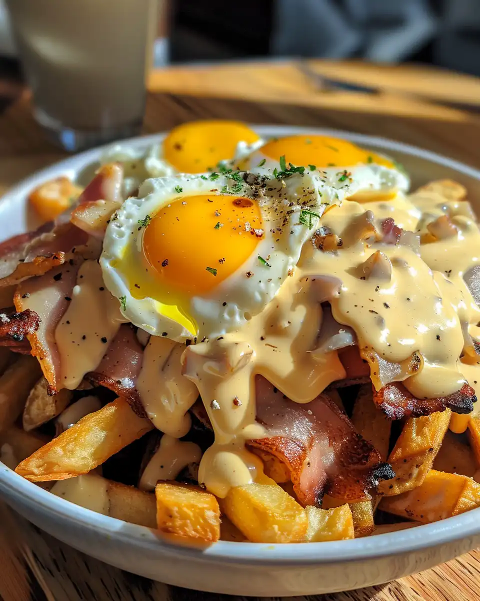 Finished breakfast poutine served with poached egg and hollandaise sauce