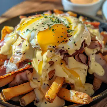 Ultimate Breakfast Poutine with Creamy Hollandaise Sauce taken with iphone 15 pro max --iw 2 --ar 4:5 --v 6.0 --raw